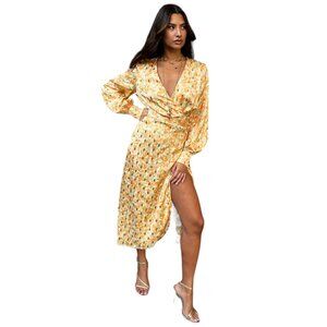 Never Fully Dressed Gold Fleck Vienna Midi Wrap Dress Peach US 12P Wedding Guest